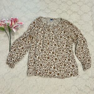 Old Navy White & Brown Printed 3/4 Sleeve Peasant Top